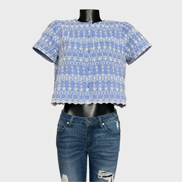 Zara Tops - Zara NEW Floral Embroidered Blue White Crop Top Medium Feminine Cottagecore Boho